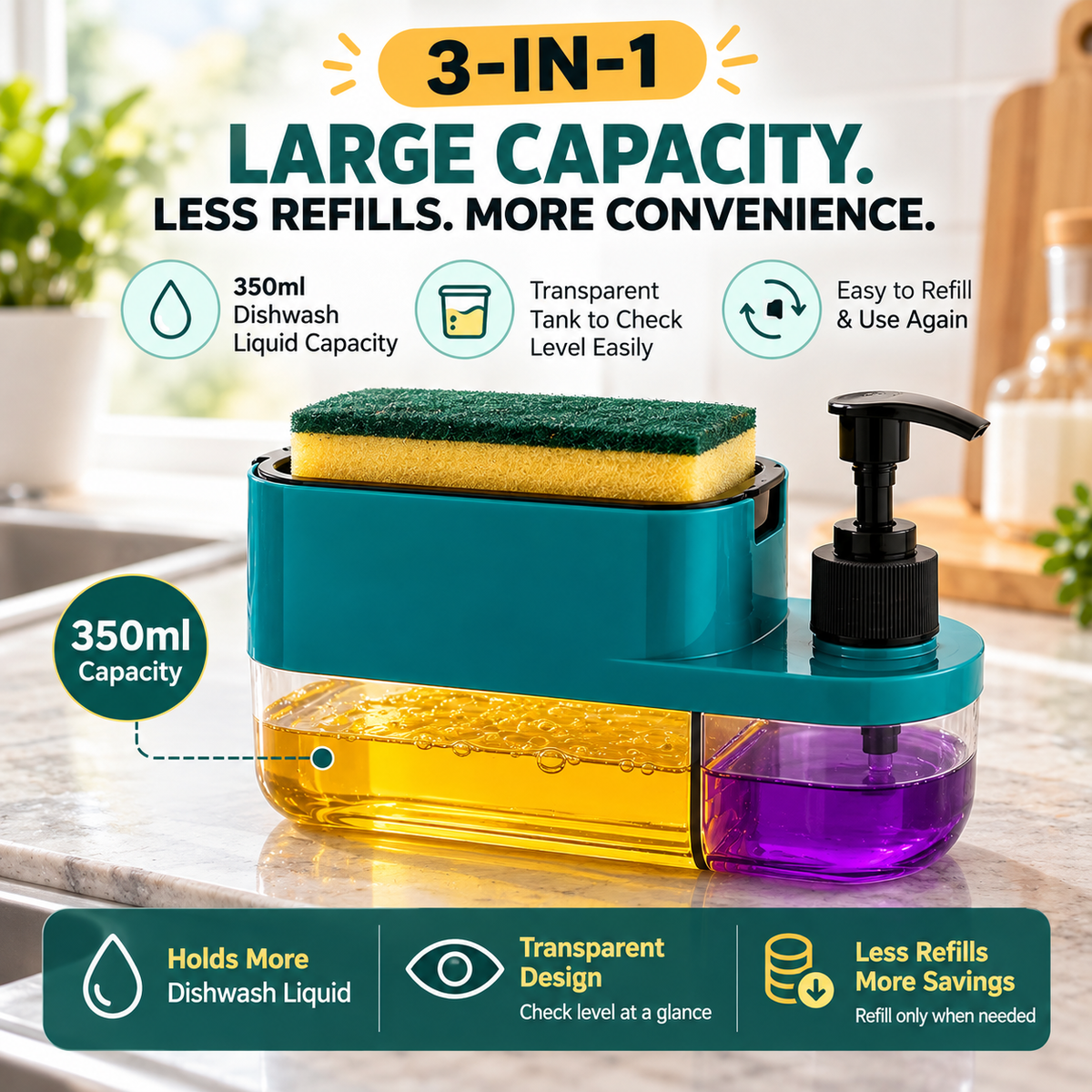 3 in 1 Soap Dispenser for Kitchen (Sponge Free)