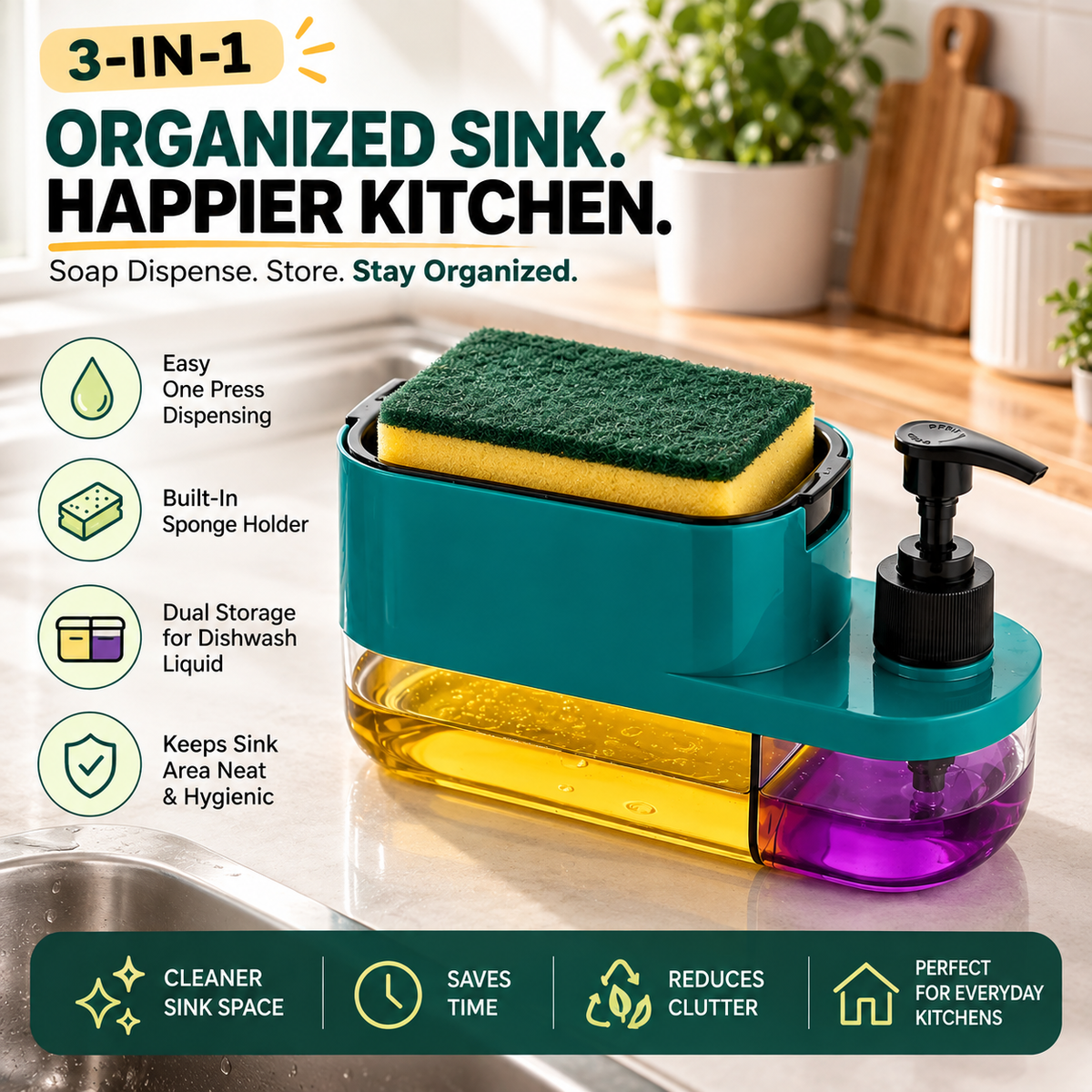 3 in 1 Soap Dispenser for Kitchen (Sponge Free)